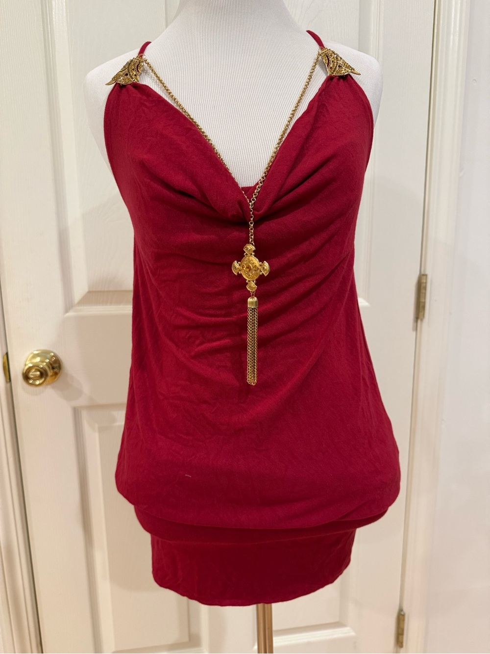 Red Chain-Trim Halter Dress